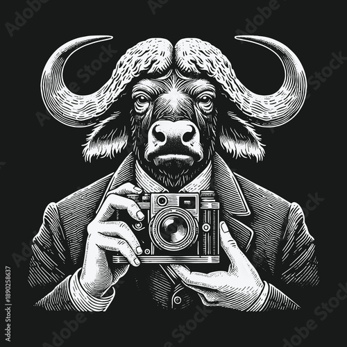 Anthropomorphic Buffalo Photographer: A Detailed Engraving of a Buffalo in a Suit.