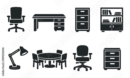 Modern office furniture set featuring desk, chairs, filing cabinets, lamp, and bookshelf
