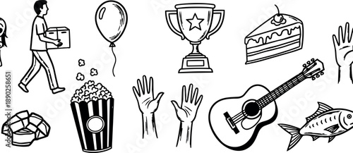 Hand drawn set of vector icons including walking man carrying box, balloon, trophy cup with star, slice of cake cherry topped, popcorn bucket, raised hands, guitar and fish illustrations