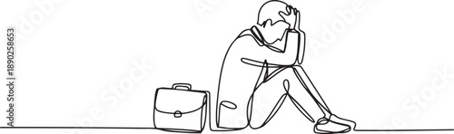 Single one line drawing depressed businessman with briefcase sitting in despair on the floor. Entrepreneur sad gesture expression. one line Icon drawing