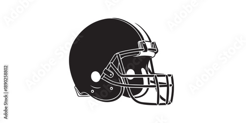 Black American football helmet silhouette icon vector isolated on white background,Black silhouette of a football helmet with protective face mask on white background