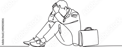 Single one line drawing depressed businessman with briefcase sitting in despair on the floor. Entrepreneur sad gesture expression. one line Icon drawing