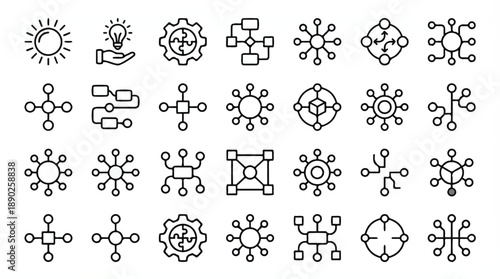 Set of business process management and strategy icons with connections and gears