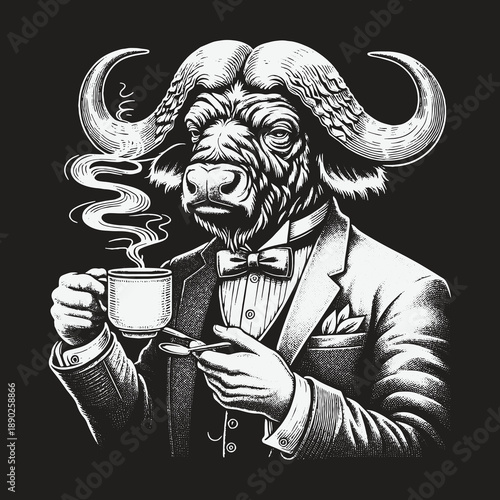 Sophisticated Buffalo Gentleman Enjoying Morning Coffee in Style.
