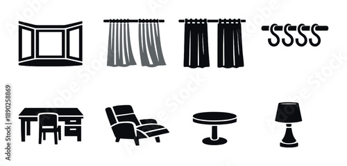 Silhouettes of furniture and home decor on gray background