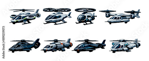 Futuristic compact helicopter designs with rotating blades and sleek bodies