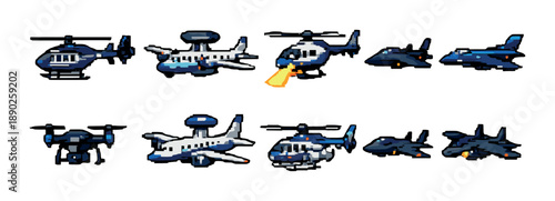 Pixel art aircraft collection: helicopters, jets, and drones in blue tones
