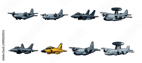 Unique yellow plane among fleet of gray aircraft