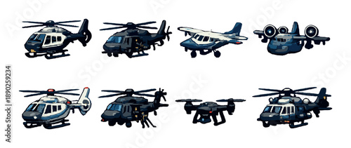 Collection of eight diverse helicopters and aircraft on grey background