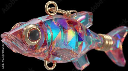 A single, modern, high-tech fishing lure with iridescent, glowing patterns, attracting new customers and lead generation concept 