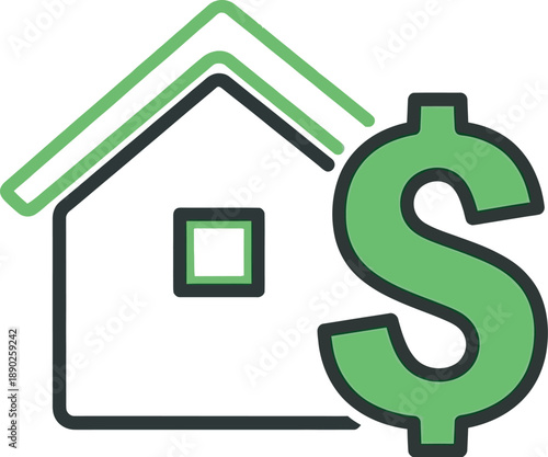 Green house icon with dollar sign symbolizing affordable housing or real estate investment concept on white background