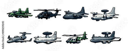 Collection of various military aircraft and helicopters in formation
