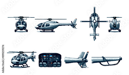 Detailed multi-angle views of modern helicopter with cockpit display and landing skid