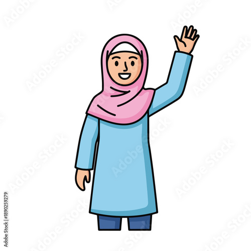 Woman wearing pink hijab waving hand in greeting gesture