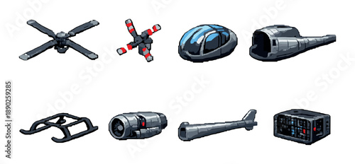 Futuristic drone components: propellers, camera, cockpit, and tech gadgets