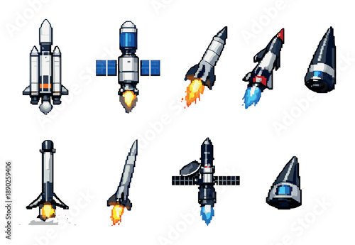 Pixel art spaceship set with rockets and satellites in vibrant colors