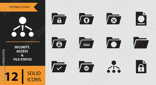 Editable solid icon set for security, access, and file status management isolated on white background