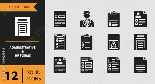 Collection of administrative and human resources forms solid icons for business and office use isolated on white background
