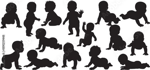 collection of baby silhouettes in various poses, such as crawling, sitting, and standing. vector