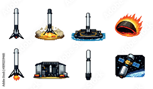 Pixel art rocket launch sequence with spacecraft and satellite in eight stages