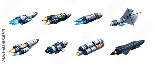 Futuristic spacecraft engines with diverse designs and glowing elements