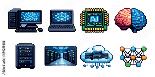 Pixel art icons of ai technology with computers and servers