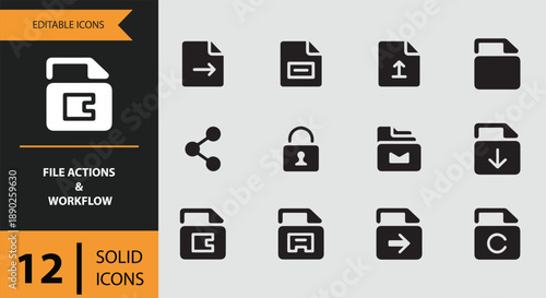 A comprehensive set of 12 solid icons depicting essential file actions and workflow operations isolated on white background