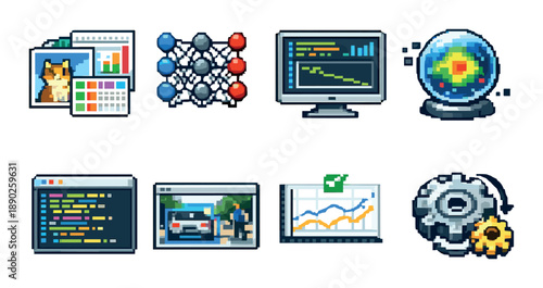 Pixel art icons: data science, coding, machine learning, and analytics