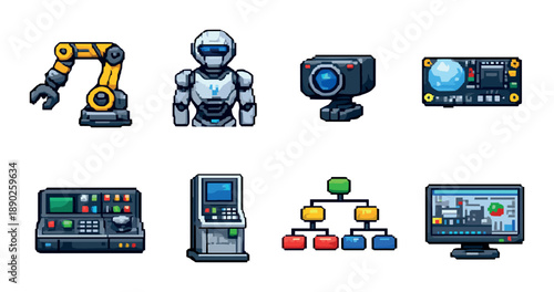 Futuristic technology icons set with robot, robotics arm, and digital interface