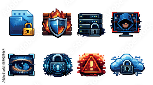 Cybersecurity icons: firewall, encryption, hacker, data protection