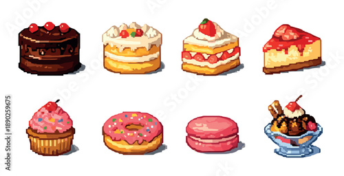Pixel art dessert assortment: cupcake, donut, macaron, cake, ice cream