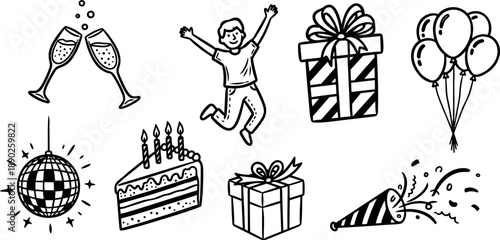 Black and white line art party icons including jumping child, champagne glasses clinking, birthday cake with candles, gifts and festive balloons