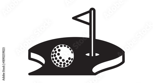 Golf ball on putting green with flagstick from overhead view