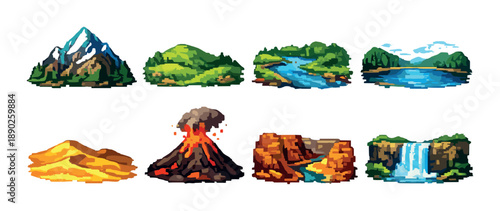 Pixel art scenic landscapes featuring mountains, rivers, and volcanic eruption