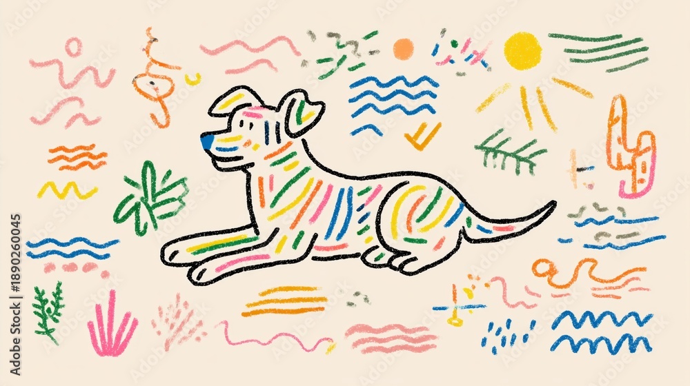 Fototapeta premium funny cartoon dog illustration with vibrant summer colors and playful mood