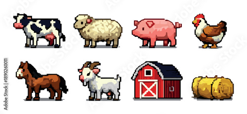 Pixel art farm animals with barn and hay bales