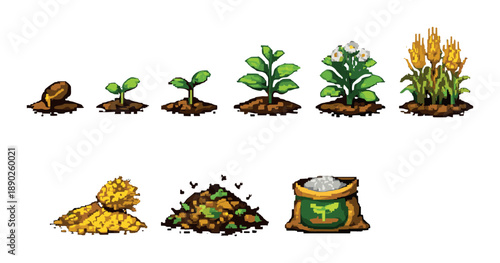 Pixel art plant growth stages and farming resources