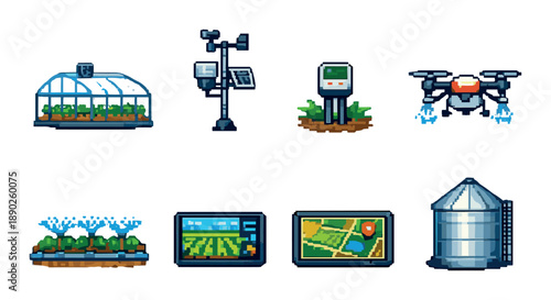 Smart agriculture technology icons: greenhouse, drone, weather station, silos, digital monitoring