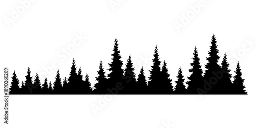 Fir trees silhouette. Coniferous spruce horizontal background pattern, black evergreen woods vector illustration. Beautiful hand drawn panorama of coniferous forest