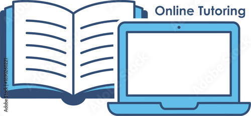 Online tutoring education concept with open book and laptop computer on white background, e-learning, digital learning, remote education