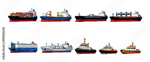 Collection of various cargo and tug boats on gradient background