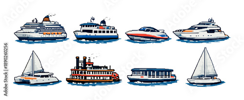Diverse set of boats and ships featuring sailboats and cruise vessels on water