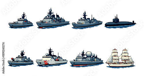 Variety of naval vessels: battleships, submarine, and sailing ship display