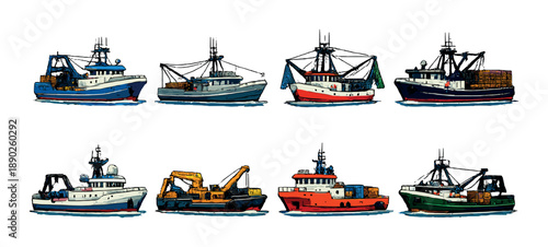 Colorful fleet of eight fishing and cargo vessels in artistic design
