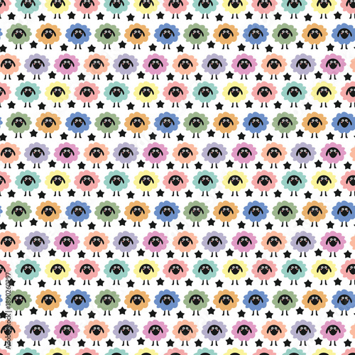 Colorful sheep seamless pattern with stars for bright children textile print.