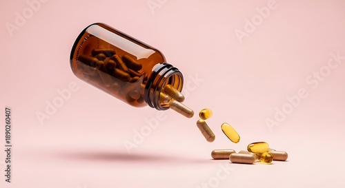 Floating amber pill bottle discharging golden supplements in a neat line against a clean and professional pink background.
