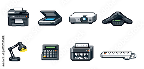 Pixel art office equipment icons set with printer scanner projector shredder and calculator