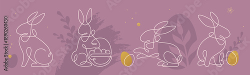 Set of luxury Easter rabbit silhouettes isolated on pink background. Line art vector illustration