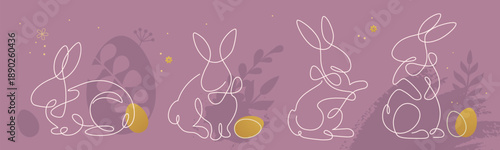 Set of luxury Easter rabbit silhouettes isolated on pink background. Line art vector illustration