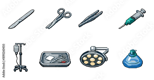 Surgical instruments and equipment: scalpel, scissors, tweezers, syringe, iv stand, tray, light, ventilator